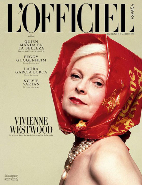 L’Officiel (Іспанія). На вокладцы правакатарка ад моды Вівьен Вэствуд з пластыкавым пакетам на галаве